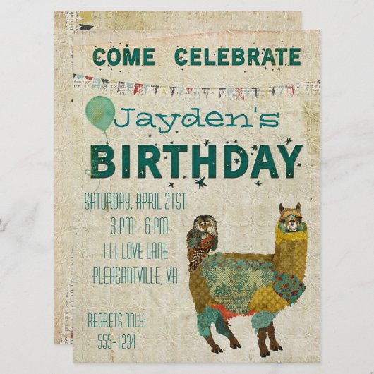 Gold Alpaca Blauwgroen Owl Birthday Invitation Kaart (Voorkant / Achterkant)