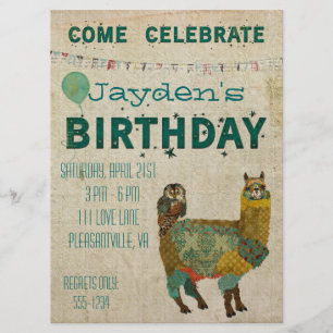 Gold Alpaca Blauwgroen Owl Birthday Invitation Kaart