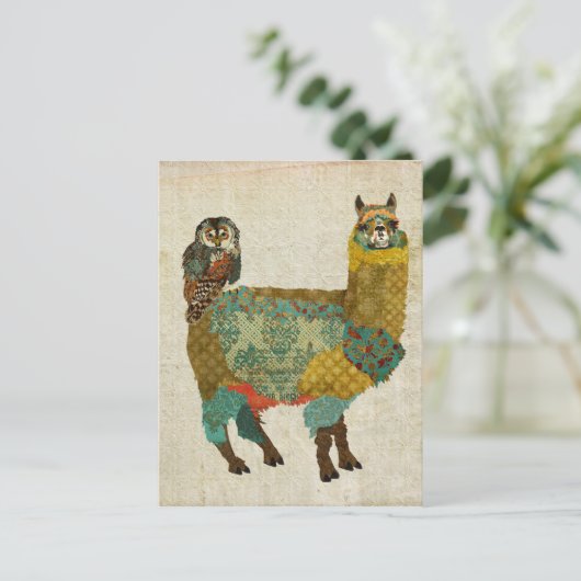 Gold Alpaca & Blauwgroen Owl Briefkaart (Staand voorkant)