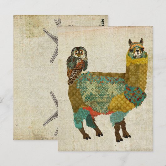 Gold Alpaca & Blauwgroen Owl Briefkaart (Voorkant / Achterkant)