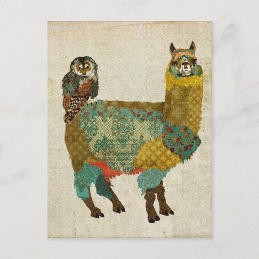 Gold Alpaca & Blauwgroen Owl Briefkaart (Voorkant)