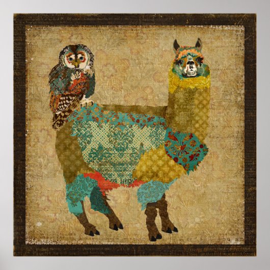 Gold Alpaca en Blauwgroen Owl Art Poster (Voorkant)