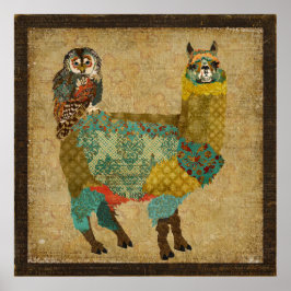 Gold Alpaca en Blauwgroen Owl Art Poster