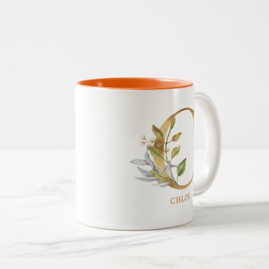 Gold Alphabet C Monogram | Bladbladeren Tweekleurige Koffiemok (Voorkant rechts)