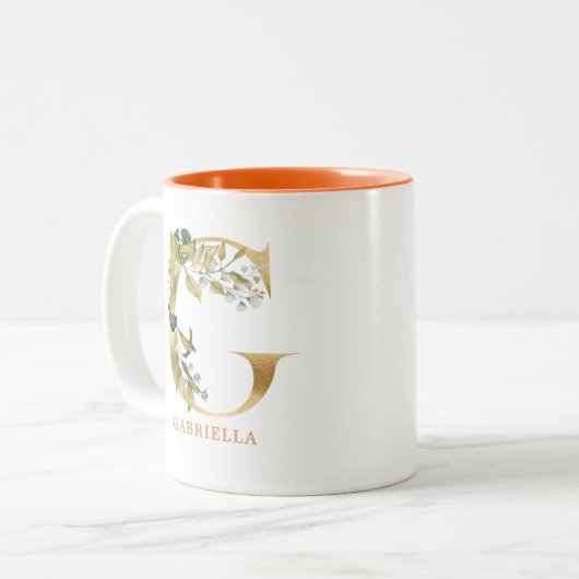 Gold Alphabet G Monogram | Bladbladeren Tweekleurige Koffiemok (Voorkant links)