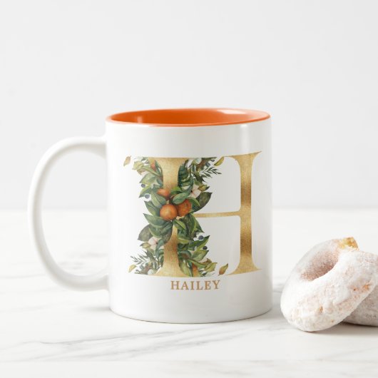 Gold Alphabet H Monogram | Bladbladeren Tweekleurige Koffiemok (Met donut)