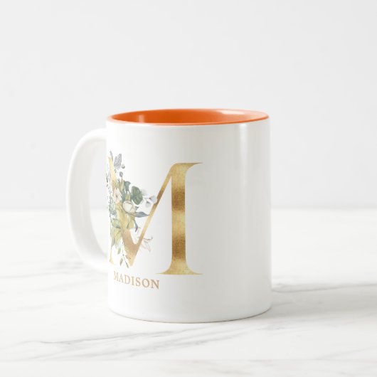 Gold Alphabet M Monogram | Bladbladeren Tweekleurige Koffiemok (Voorkant links)