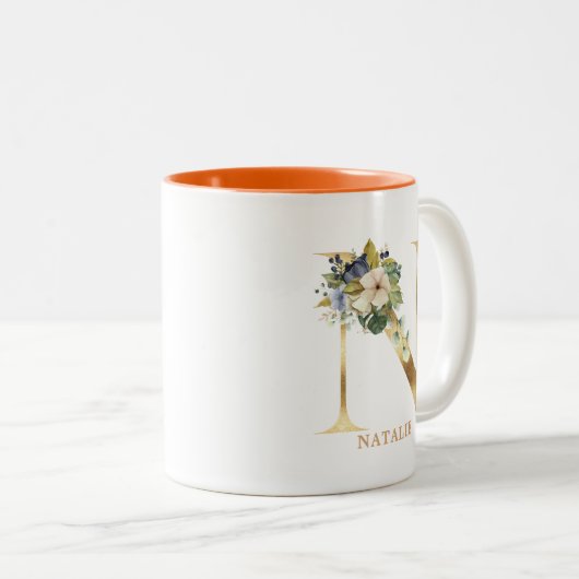 Gold Alphabet N Monogram | Bladbladeren Tweekleurige Koffiemok (Voorkant rechts)
