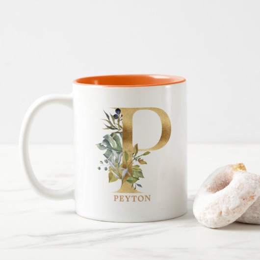Gold Alphabet P Monogram | Bladbladeren Tweekleurige Koffiemok (Met donut)