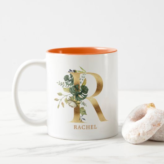 Gold Alphabet R Monogram | Bladbladeren Tweekleurige Koffiemok (Met donut)