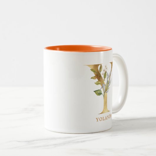 Gold Alphabet Y Monogram | Bladbladeren Tweekleurige Koffiemok (Voorkant rechts)