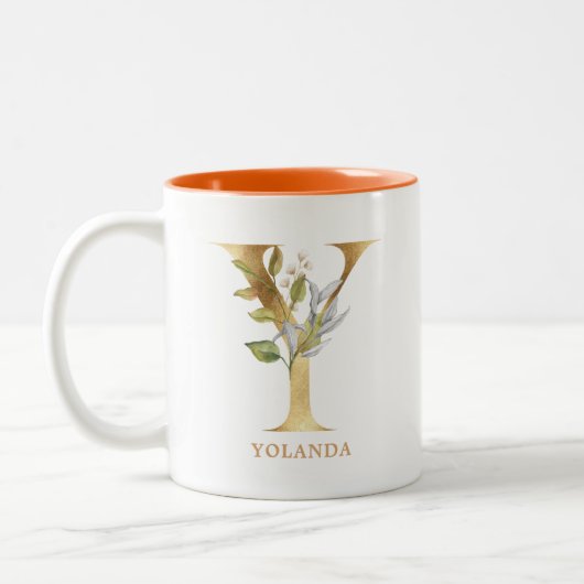 Gold Alphabet Y Monogram | Bladbladeren Tweekleurige Koffiemok (Links)