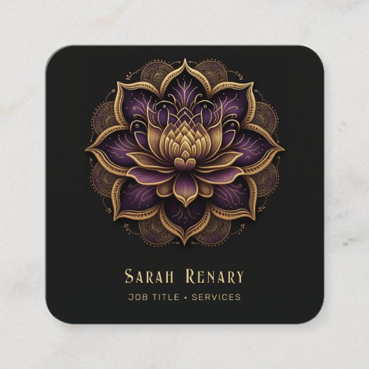 Gold & Amethyst Lotus Flower Black Vierkante Visitekaartje (Voorkant)