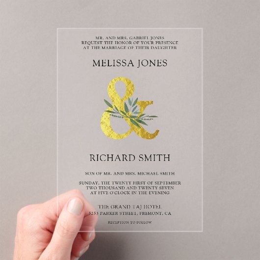 Gold Ampersand Olive Branch Wedding Acryl Uitnodigingen (Insitu (Draagbaar))
