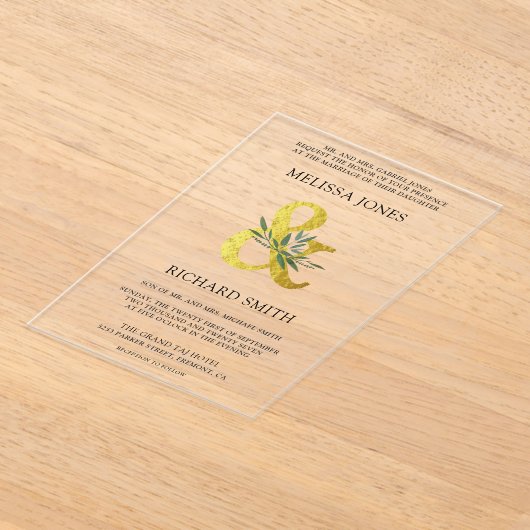 Gold Ampersand Olive Branch Wedding Acryl Uitnodigingen (Laagn)