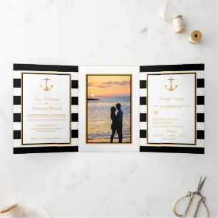 Gold Anchor Black & White Stripe Wedding Suite Drieluik Uitnodiging