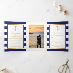 Gold Anchor, Blue & White Stripe Wedding Suite Drieluik Uitnodiging
