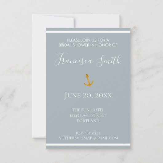 Gold Anchor Grey Nautical Bridal Shower RSVP Kaartje (Voorkant)