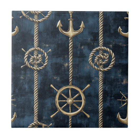 Gold Anchor & Helm Nautical Pattern Tegeltje (Voorkant)