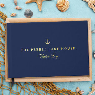 Gold Anchor Navy Blue Nautical Visitor Log Gastenboek