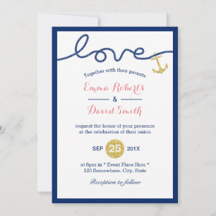 Gold Anchor Navy Blue Nautical Wedding Kaart