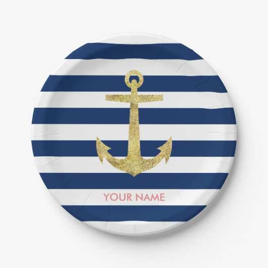 Gold Anchor Navy Blue Stripes Nautical Papieren Bordje (Voorkant)