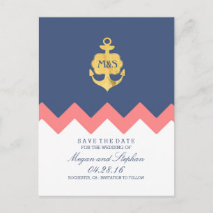 Gold Anchor Navy Coral Chevron Bewaar de datum Aankondigingskaart