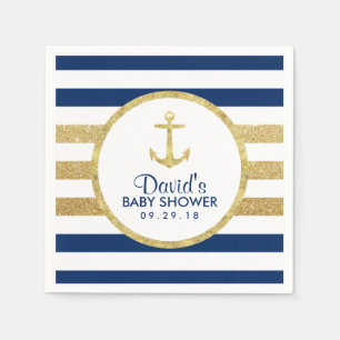 Gold Anchor Navy Gold Stripes Nautical Baby shower Servet
