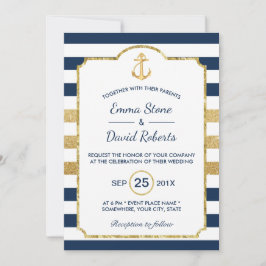 Gold Anchor Navy & Gold Stripes Nautical Wedding Kaart