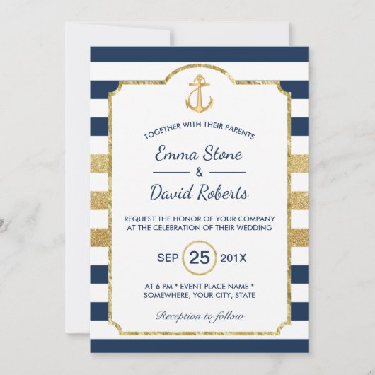 Gold Anchor Navy & Gold Stripes Nautical Wedding Kaart (Voorkant)