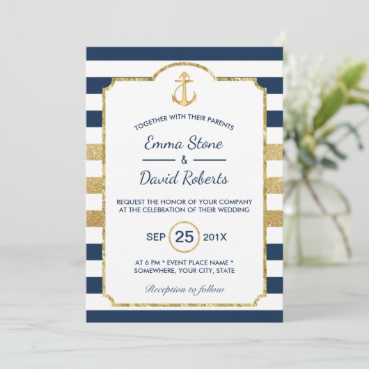 Gold Anchor Navy & Gold Stripes Nautical Wedding Kaart (Staand voorkant)