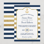 Gold Anchor Navy & Gold Stripes Nautical Wedding Kaart (Voorkant / Achterkant)
