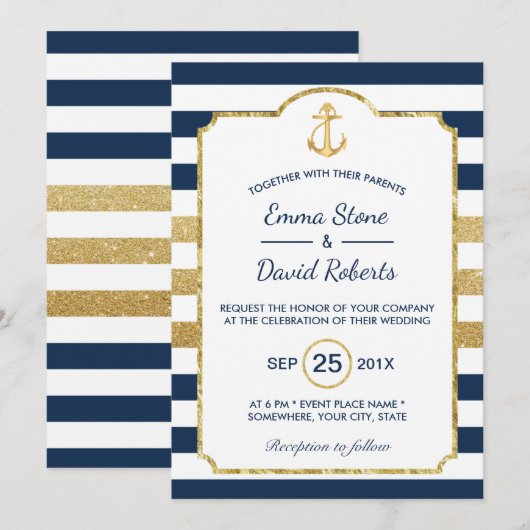 Gold Anchor Navy & Gold Stripes Nautical Wedding Kaart (Voorkant / Achterkant)