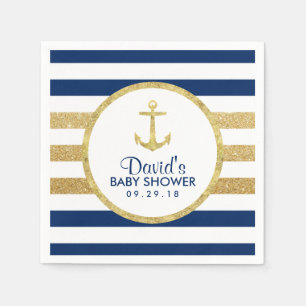 Gold Anchor Navy Gold Stripes Nautisch Baby shower Servet