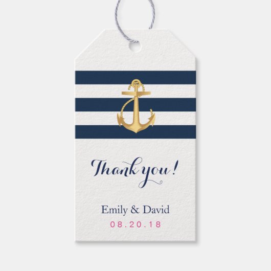 Gold Anchor Navy Stripes Nautical Wedding Favor Cadeaulabel (Voorkant)