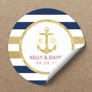 Gold Anchor Navy Stripes Nautical Wedding Favor Ronde Sticker
