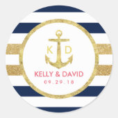 Gold Anchor Navy Stripes Nautical Wedding Favor Ronde Sticker (Voorkant)