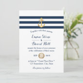 Gold Anchor Navy Stripes Nautical Wedding Kaart (Staand voorkant)