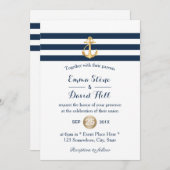 Gold Anchor Navy Stripes Nautical Wedding Kaart (Voorkant / Achterkant)