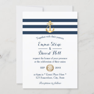 Gold Anchor Navy Stripes Nautical Wedding Kaart
