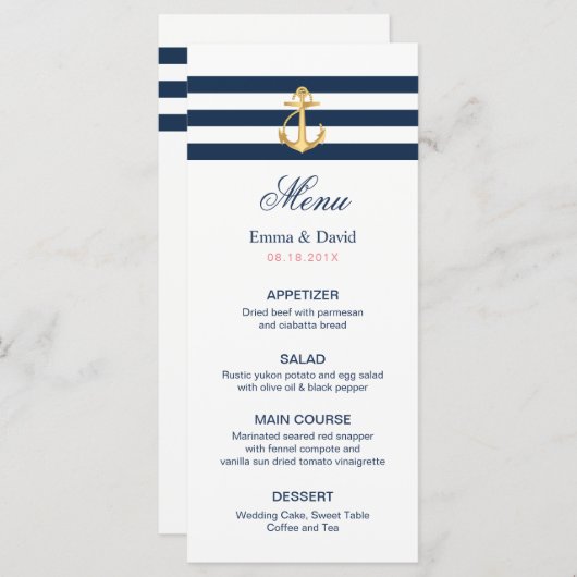Gold Anchor Navy Stripes Nautical Wedding Menu (Voorkant / Achterkant)