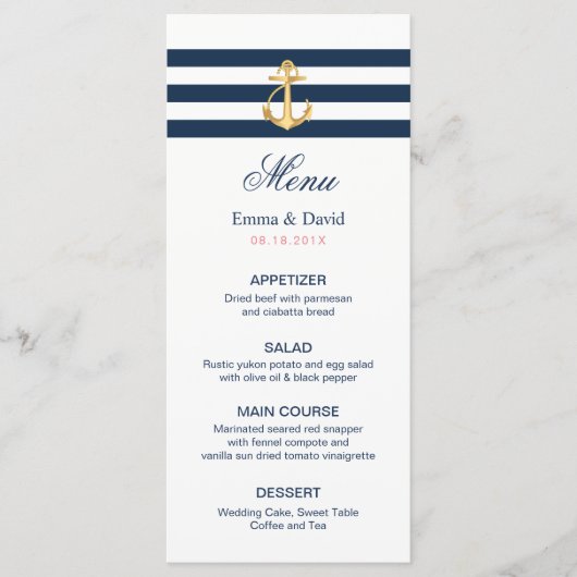 Gold Anchor Navy Stripes Nautical Wedding Menu (Voorkant)