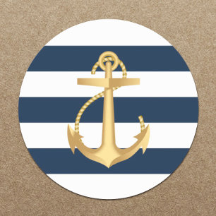 Gold Anchor Navy Stripes Nautical Wedding Ronde Sticker