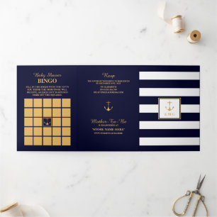 Gold Anchor Navy & White Stripe Baby shower Suite Drieluik Uitnodiging