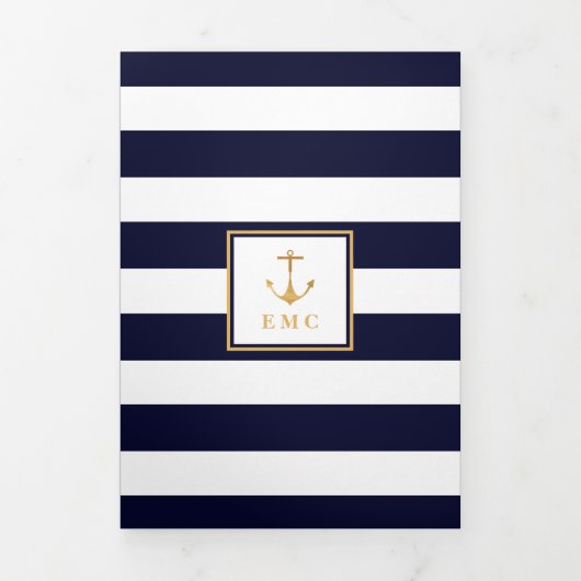 Gold Anchor Navy & White Stripe Baby shower Suite Drieluik Uitnodiging (Cover)