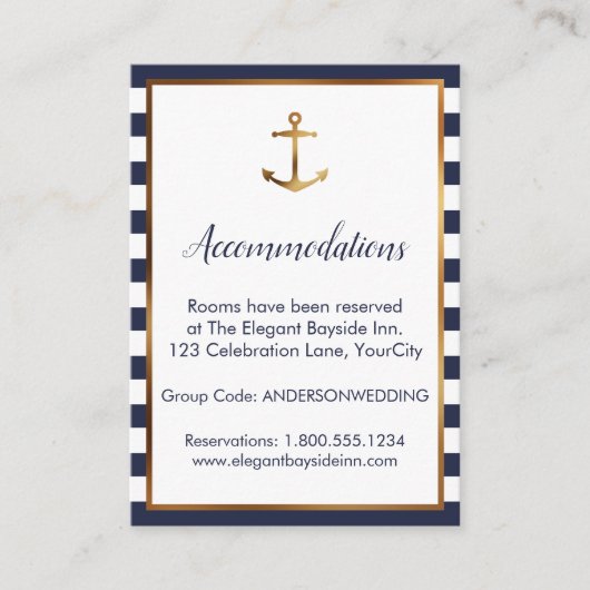 Gold Anchor Navy White Stripes Accommodatie Kaarte Informatiekaartje (Voorkant)