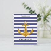 Gold Anchor on Blue Stripes Party Invitation Briefkaart (Staand voorkant)