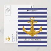 Gold Anchor on Blue Stripes Party Invitation Briefkaart (Voorkant / Achterkant)