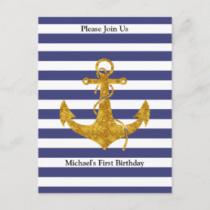 Gold Anchor on Blue Stripes Party Invitation Briefkaart