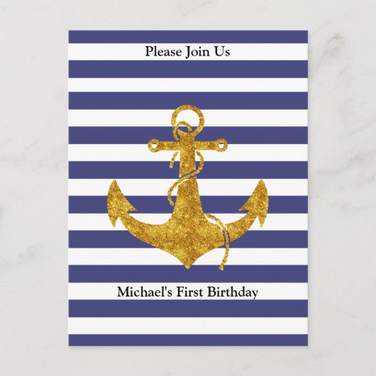 Gold Anchor on Blue Stripes Party Invitation Briefkaart (Voorkant)